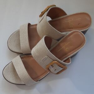 Tommy Bahama Tristan Cream Wooden Heel Linen Sandles with Adjustable Straps